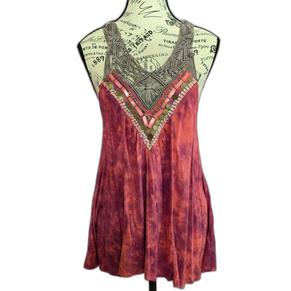 Free people boho festival beaded flowy raceback top M